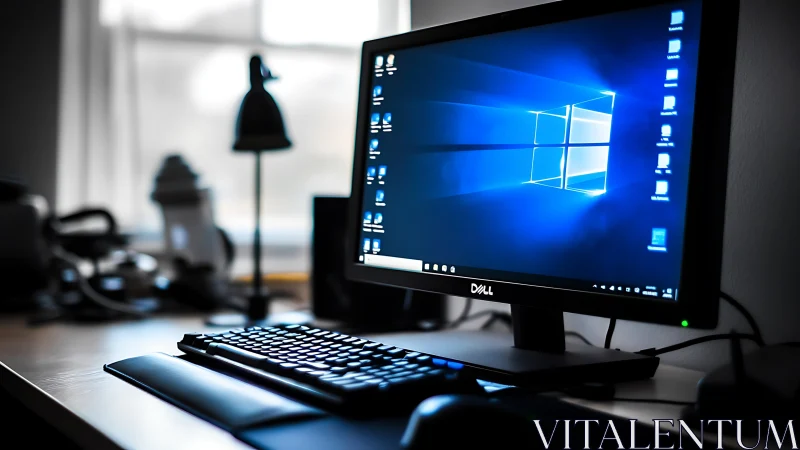 Desktop computer monitor glows on modern minimalist workstation