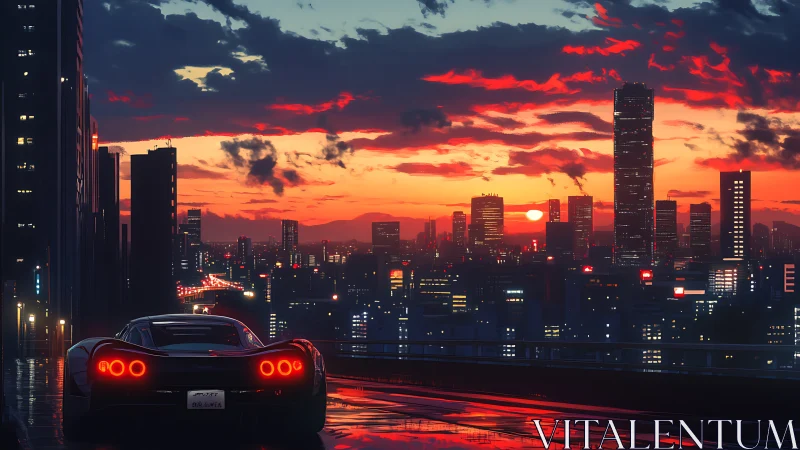 Low-angle sports car silhouette overlooking neon-lit sunset city