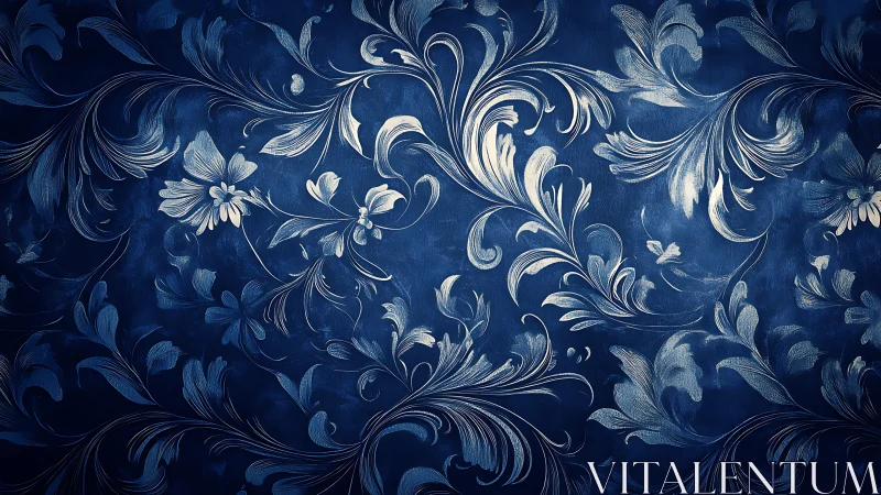 Baroque floral scrollwork rendered as metallic ink over deep blue