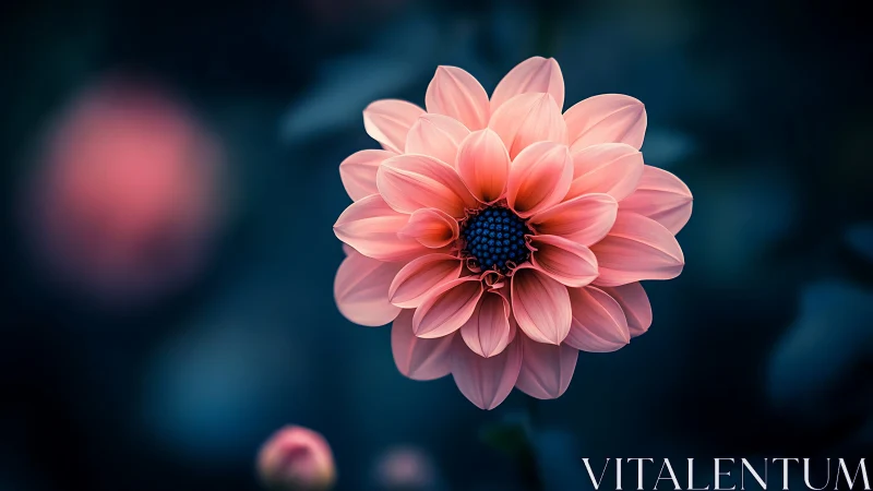 Pink Dahlia Bloom Against Deep Blue Background.