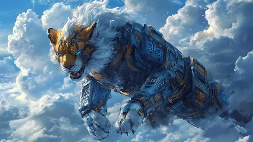 Cybernetic sky lion leaps through dense sunlit clouds