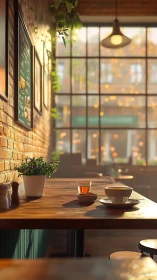 Sunlit cafe table shows coffee cup, tea glass and brick wall