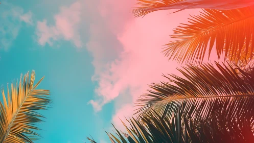 Palm fronds frame a split-tone sky in teal and pink hues