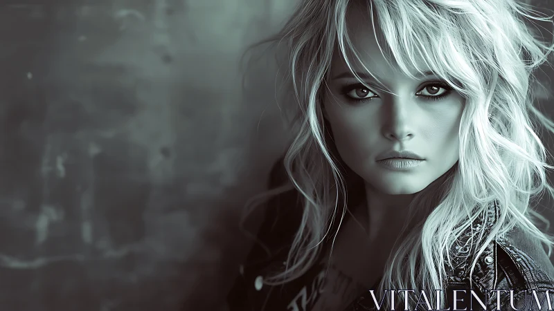 Monochrome portrait of blonde woman in edgy leather jacket.