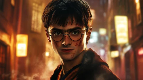 Young male wizard in urban night alley, cinematic portrait.