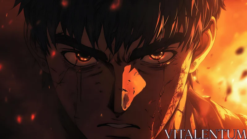 Burning resolve in close-up anime portrait of fierce warrior.