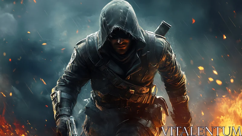 Tactical hooded operative advancing through incendiary crossfire.