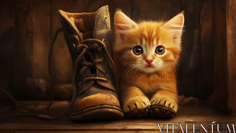 Ginger Kitten with Vintage Boot in Warm Studio Light.