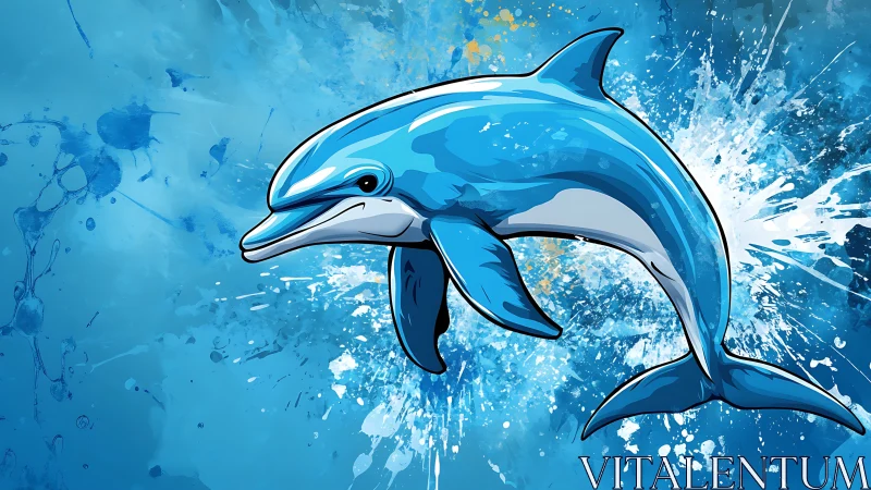 Stylized blue dolphin illustration on abstract splatter background.