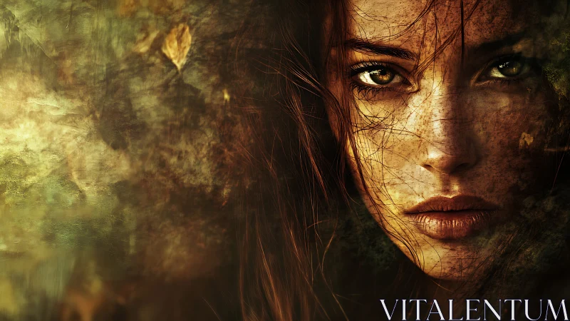 Female face merged with textured earth-toned abstract field.