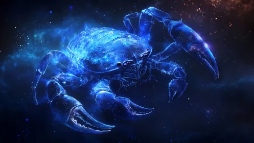 Starlit cosmic crab drifts through a deep sapphire nebula.