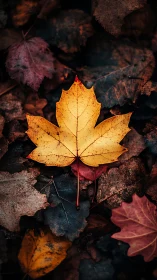 Golden maple leaf blazing against a brooding autumn carpet.