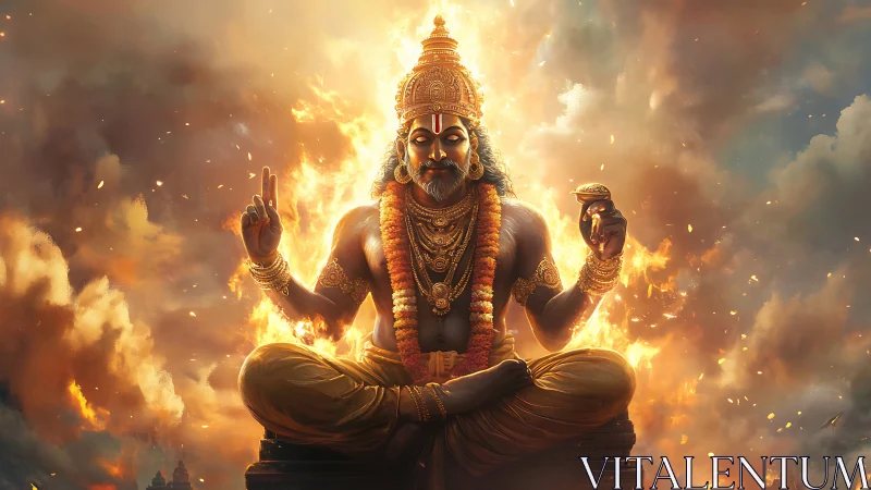 Seated four-armed deity amid flames and cloudy sky.