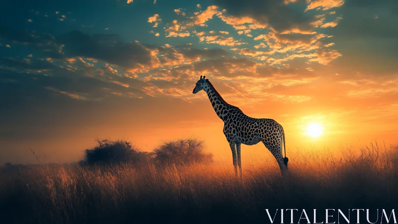 Giraffe walks the ember-lit savanna beneath a singing sky.