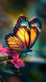 Vibrant monarch butterfly rests on glowing pink blossoms