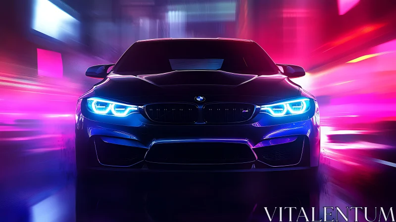 Bold sports car glows against vibrant neon city lights