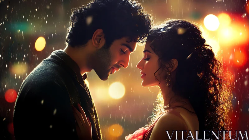 Cinematic rain-lit couple portrait with volumetric bokeh and warm backlighting