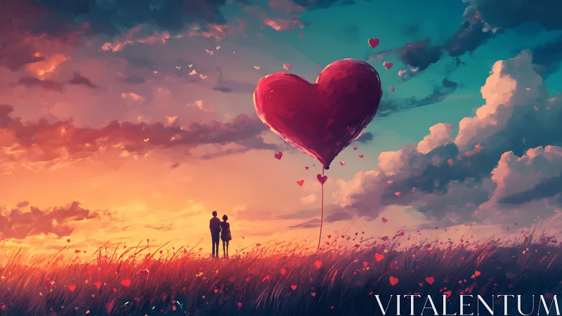 Digital landscape depicting two figures beneath large floating heart structure