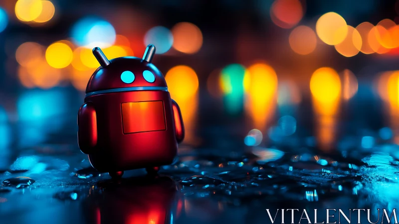 3D neon android mascot on wet cyberpunk city street at night.