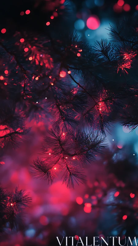 Neon-touched pine needles whisper through twilight bokeh glow