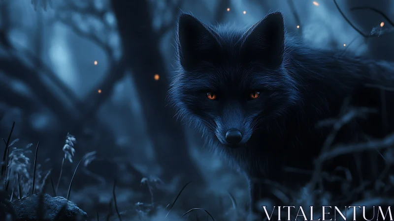 Midnight fox with glowing eyes stalks through misty forest.