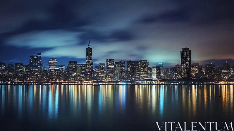 Nocturnal waterfront skyline with luminous spectral reflections.