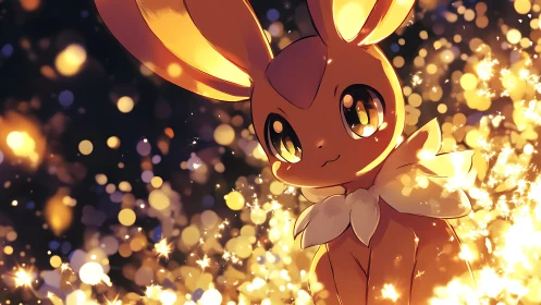 Cute fantasy creature amid glowing golden sparkles.