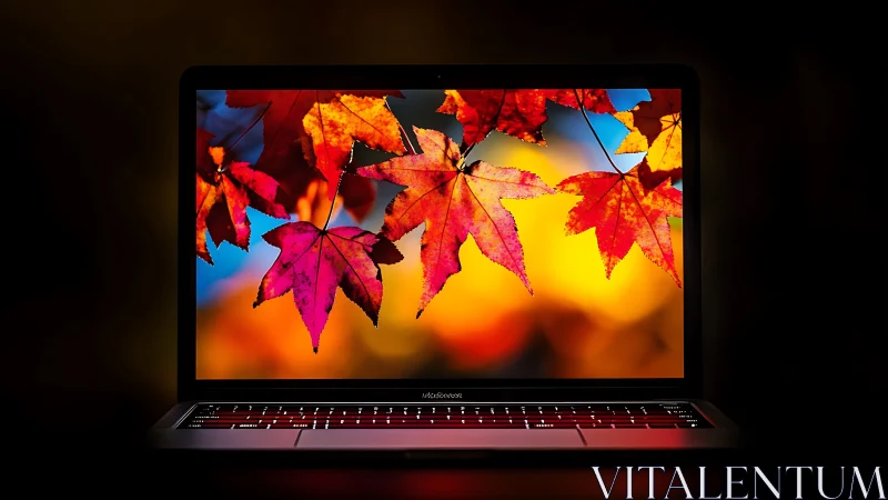 Autumn leaves glowing on a laptop screen in cozy contrast.