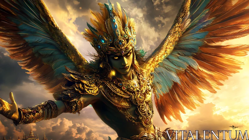 Skyborne jeweled guardian unfolds blazing celestial wings.