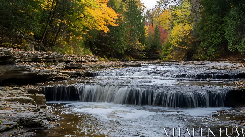 Stepped forest waterfall captured with long-exposure precision