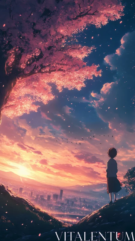 Twilight cityscape under luminous cherry blossoms.