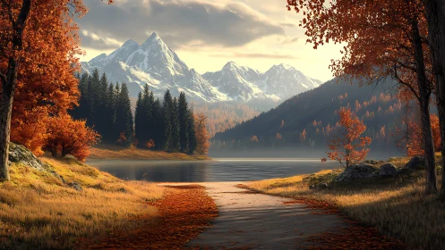 Autumn alpine lake with snowy peaks and cinematic warm light.