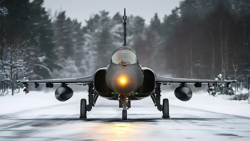 Snow runway sentinel jet poised in frozen forest hush.