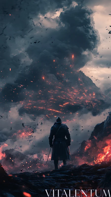 Armored figure observes erupting volcano under dense smoke