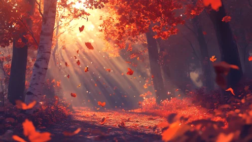 Sunlit autumn forest path with drifting orange leaves.