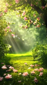 Sunlit flower path glows beneath arching garden trees.