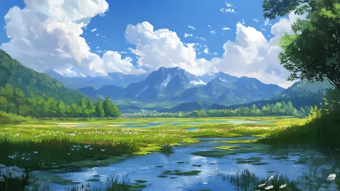 Sunlit alpine meadow with reflective wetland and distant peaks.