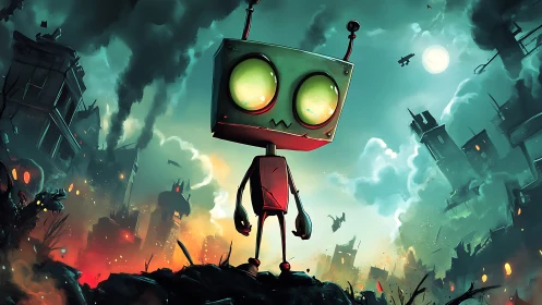 Box headed robot overlooking stylized post apocalyptic cityscape
