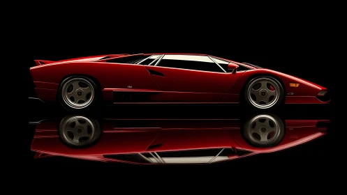 Red wedge supercar side profile on glossy black background.