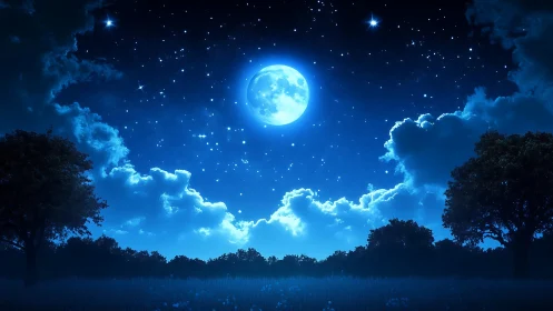 High-contrast lunar nightscape with silhouetted trees and volumetric clouds