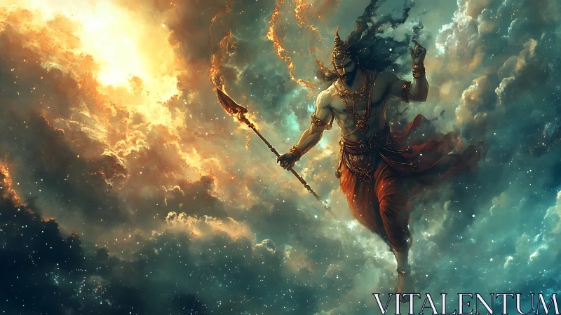 Mythic armored figure with spear amid luminous clouds.