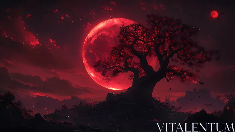 Blood-moon blossom tree guarding a crimson twilight realm.