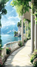 Sunlit neoclassical colonnade overlooks a serene alpine lake