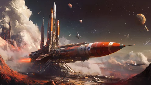 Colossal starship readies for launch above a fiery alien world