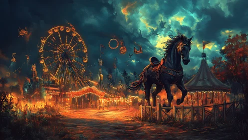 Enchanted night carnival glows beneath a storm-lit sky