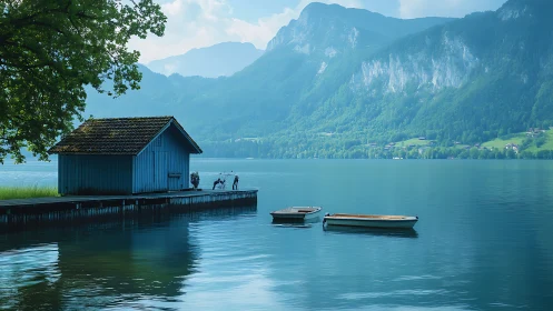 Lakeside boathouse overlooks calm water and distant peaks