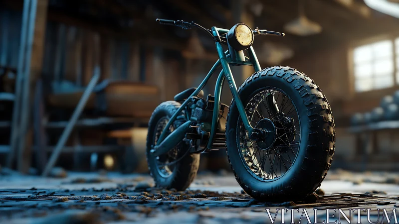 Custom fat-tire mini bike in moody sunlit workshop.