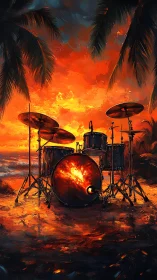 Drum kit ignites sunset beach under burning tropical sky.