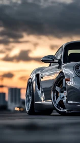 Silver sports car detail against soft urban sunset sky.