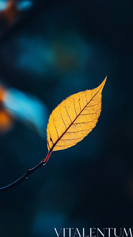 Single golden leaf glows softly against deep blue dusk